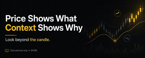 A dark banner with the text "Price Shows What, Context Shows Why — Look beyond the candle" alongside "Educational only • DYOR," paired with a candlestick chart showing a sharp upward rally. The image reinforces the message that while charts reveal price action, understanding the underlying drivers—sentiment, liquidity, positioning, or news—requires context beyond the candles.