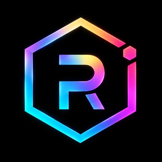 A stylized letter 'R' is centered within a hexagonal frame, featuring a colorful gradient that transitions from cyan to pink and yellow against a black background.