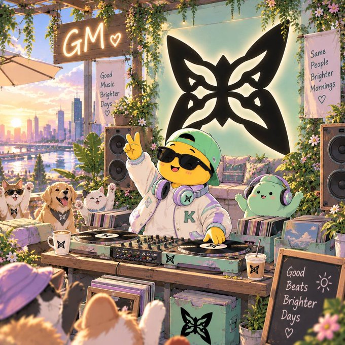 An anime-style illustration featuring a character DJing with turntables, surrounded by pets, with "GM" (Good Morning) and "Good Music Brighter Days" text visible.