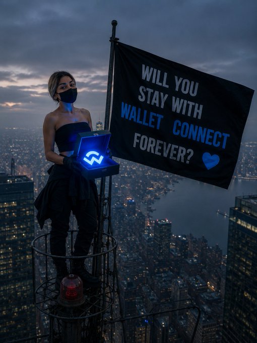 A masked figure in a black dress stands on a rooftop overlooking a city at dusk, holding a glowing blue box with the WalletConnect logo, next to a black flag reading 'WILL YOU STAY WITH WALLET CONNECT FOREVER?' with a blue heart.