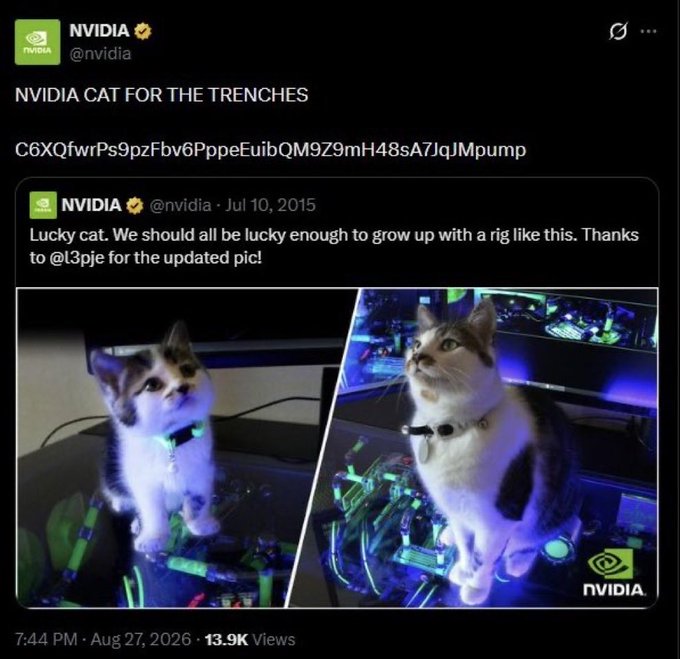 A screenshot of an NVIDIA (@nvidia) X post quoting a 2015 tweet about a "lucky cat" on a gaming rig, with the unusual caption "NVIDIA CAT FOR THE TRENCHES" and a gibberish string of characters—consistent with the accompanying note suggesting the account was hacked and used to post nonsensical crypto-related content.