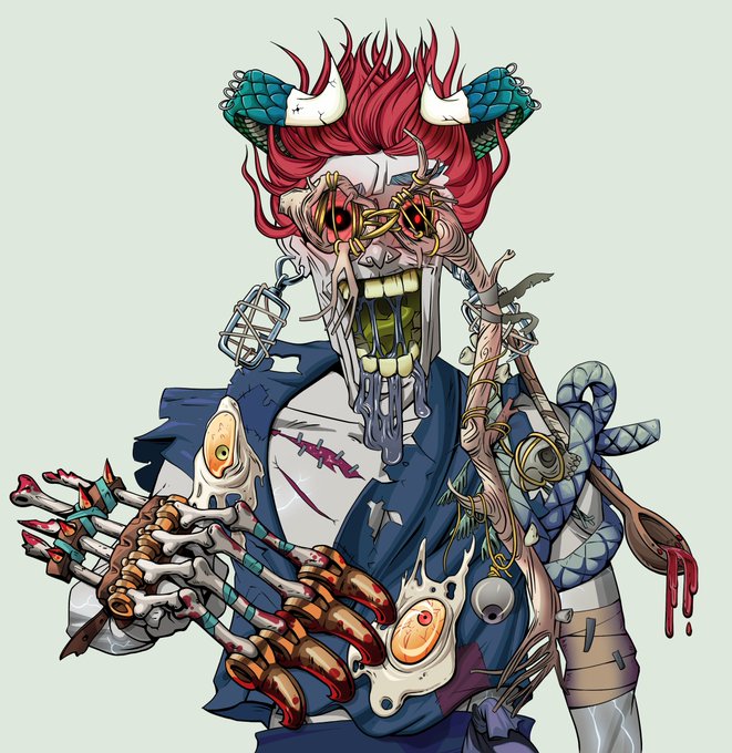 An illustration of a grotesque, monstrous character with red spiky hair, horns, multiple eyes, exposed teeth, and skeletal hands against a light green background.