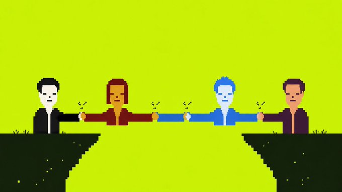Pixel art of four pixelated figures (including Elon Musk-style and Mark Zuckerberg-style characters) holding hands/arms across a green chasm, referencing the Bridge of Moiraine/Lord of the Rings meme about cooperation.