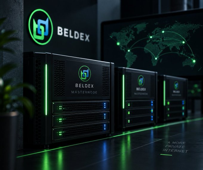 A digital render of a dark server room with glowing green accents featuring 'BELDEX MASTERNODE' branding on the rack units, with a world map and 'A MORE PRIVATE INTERNET' slogan in the background.