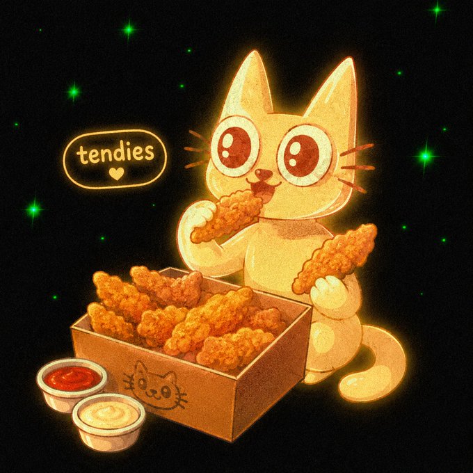 A glowing, stylized illustration of a white cat happily eating chicken tenders from a cardboard box labeled 'tendies', accompanied by dipping sauces.
