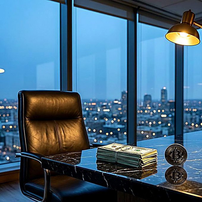 An executive office at dusk features a black leather chair behind a marble desk with stacks of cash and gold Bitcoin tokens, overlooking a city skyline through floor-to-ceiling windows.