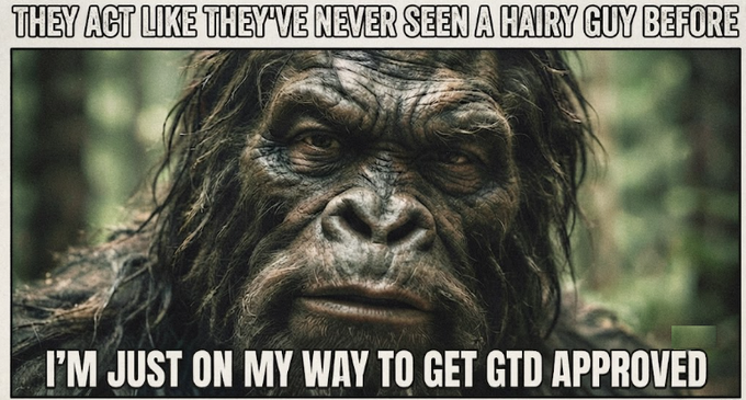 A meme featuring a hairy ape-like creature with the text 'THEY ACT LIKE THEY'VE NEVER SEEN A HAIRY GUY BEFORE' at the top and 'I'M JUST ON MY WAY TO GET GTD APPROVED' at the bottom.