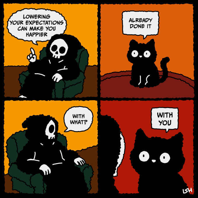 A four-panel comic showing a skeleton in a robe talking to a black cat. The skeleton says 'Lowering your expectations can make you happier.' The cat replies, 'Already done it.' The skeleton asks, 'With what?' and the cat answers, 'With you.'
