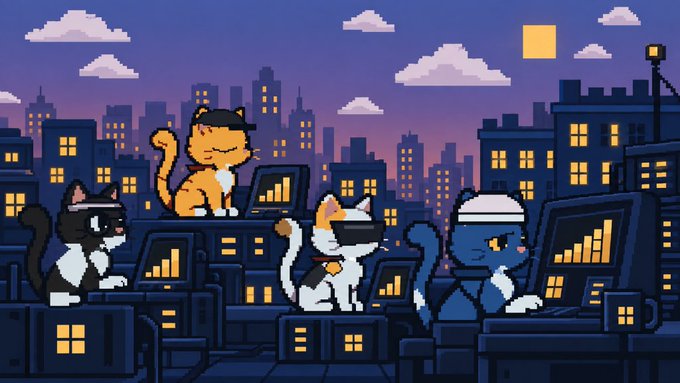 Pixel art illustration of four cats in a cityscape at dusk, including a gray and white cat, an orange tabby, a calico, and a blue cat wearing a beanie, all sitting atop buildings with illuminated windows.