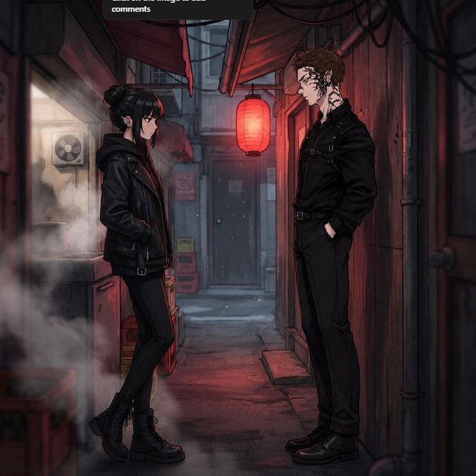 Two figures dressed in black leather and dark clothing stand facing each other in a dimly lit alleyway illuminated by a glowing red lantern overhead, evoking a clandestine meeting that mirrors the post's theme of loyalty and an unbreakable bond, with the scene's moody, secretive atmosphere reflecting the post's message that "no one can tear us apart."