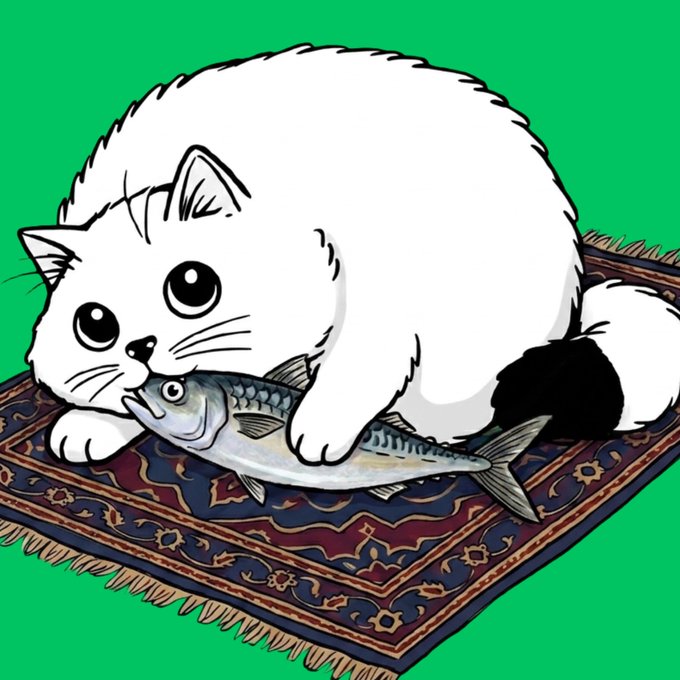A cartoon illustration of a white cat with a black tail lying on an ornate rug and eating a fish.