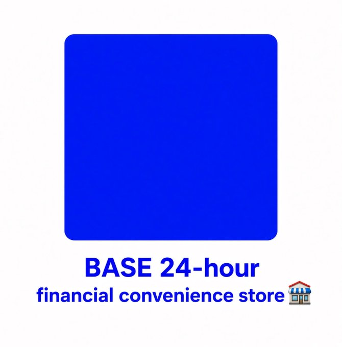 A blue placeholder graphic labeled "BASE 24-hour financial convenience store" paired with a storefront emoji, representing a Base ecosystem coin stock project featured on the o1 launchpad.