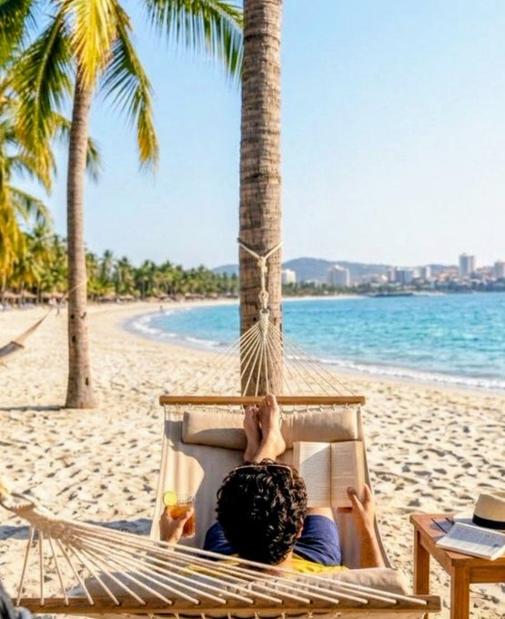 A serene photo of a person relaxing in a hammock on a tropical beach, reading a book with a drink nearby, with palm trees, ocean, and distant cityscape visible.
