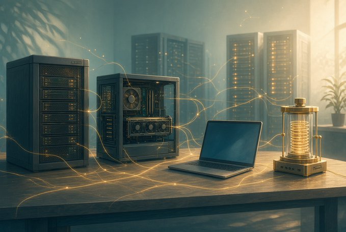 A digital artwork depicting two server racks, a laptop, and a glowing cylindrical device on a desk, connected by flowing golden energy lines in a hazy, atmospheric setting.