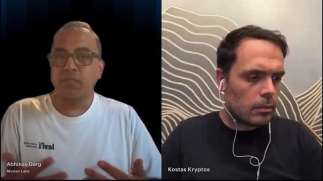 A split-screen video call featuring Abhinav Garg (Mysten Labs) and Kostas Kryptos, both appearing focused.