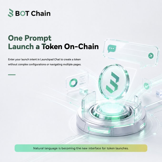 A promotional graphic for 'BOT Chain' with the headline 'One Prompt Launch a Token On-Chain', showing a glowing green 3D platform and a message bubble, with the tagline 'Natural language is becoming the new interface for token launches.'
