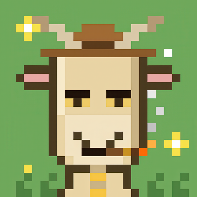 A pixel art image showing a tan-colored character with brown hair and small horns, set against a green background with small yellow and white flower pixels.