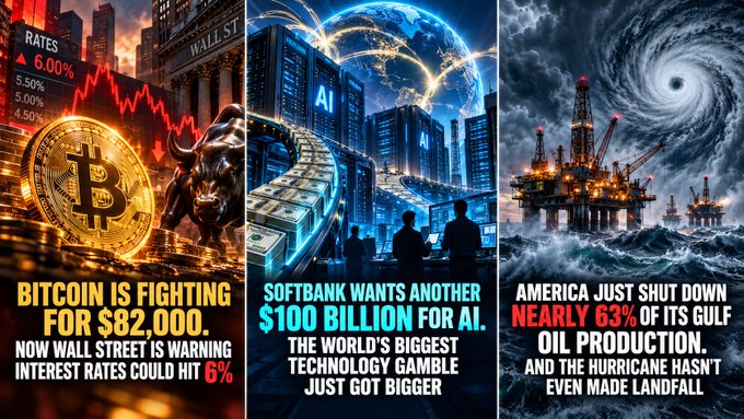 A triptych of sensationalist news thumbnails: one warns 'BITCOIN IS FIGHTING FOR $82,000' with interest rate concerns, another announces 'SOFTBANK WANTS ANOTHER $100 BILLION FOR AI' for their tech gamble, and the third states 'AMERICA JUST SHUT DOWN NEARLY 63% OF ITS GULF OIL PRODUCTION' ahead of a hurricane.