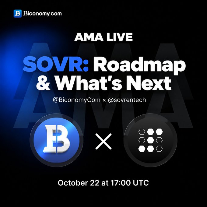 A promotional graphic reads “AMA LIVE: SOVR: Roadmap & What’s Next,” with “Bconomy.com,” “@BconomyCom x @sovrrtech,” and “October 22 at 17:00 UTC.”