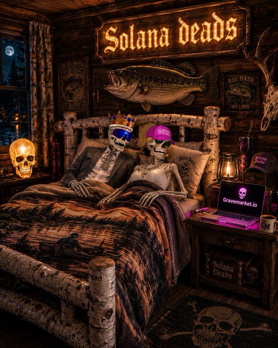 Two skeletal figures lounge in matching teal bean bag chairs under glowing "MOON SOON" and "DEADS" neon signs, with one holding a coffee cup that nods to tomorrow's morning routine. The scene perfectly matches the "Goodnight $DEADS fam! See you tomorrow for coffee" post, blending late-night crypto community vibes with a playful undead twist.