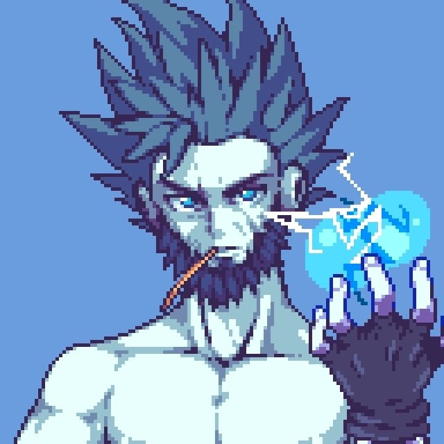 Pixel art of a pale, bare-chested man with spiky blue hair and a beard, smoking a cigarette while holding a glowing blue energy ball in his gloved hand.