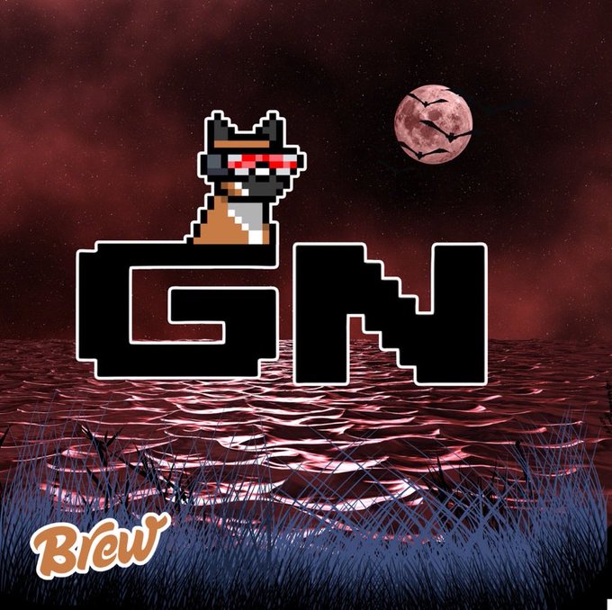 Pixel art artwork featuring a character wearing pixelated sunglasses above large 'GW' letters, set against a dark red sky with a moon and rippling water, credited to 'Brew'.