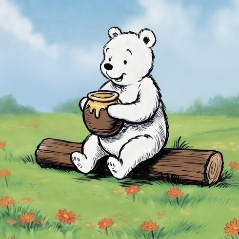 A white cartoon bear with a stitched, patchy appearance sits on a log in a flower-filled meadow, holding a pot of honey. The bear's design reflects the crypto project's "Winnie-the-Pooh" theme, promoting the ongoing ~90% complete airdrop.