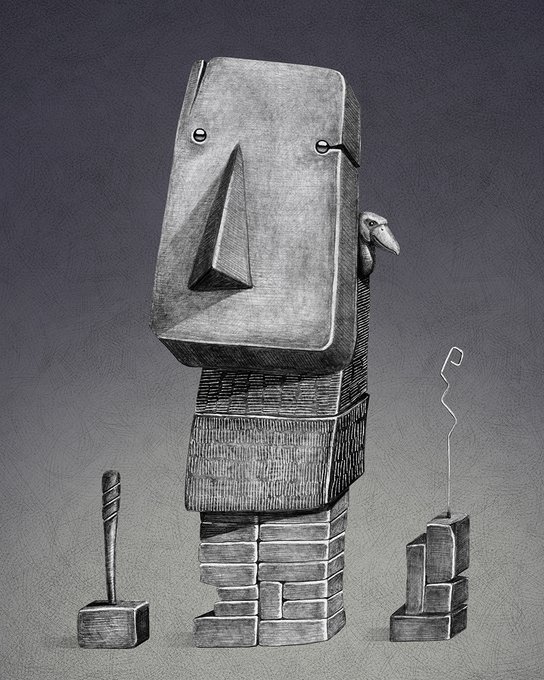 A surreal monochromatic illustration features a tall stone-like figure with a bird perched on its shoulder, flanked by two smaller blocky characters against a gray background.
