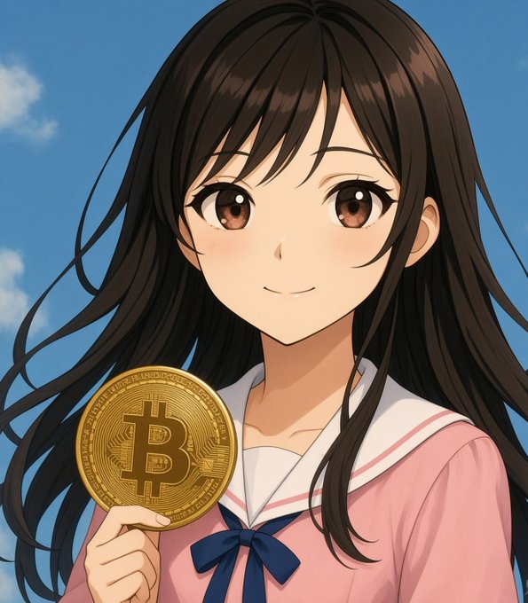 An anime-style illustration of a girl with long dark hair in a pink and white school uniform holding a gold Bitcoin coin against a blue sky.