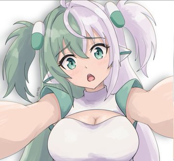 An anime-style illustration features a green-haired girl with pointed ears and twin tails wearing a white and green outfit, taking a selfie with a surprised expression.