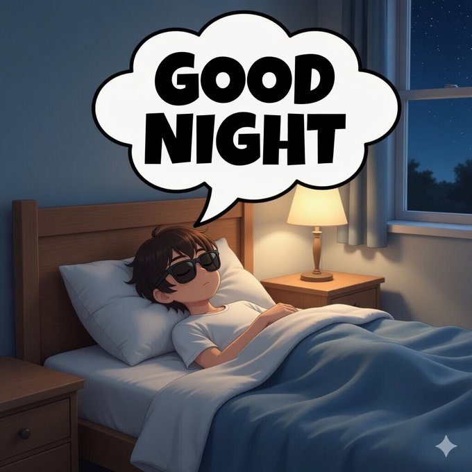 An animated-style illustration of a boy with sunglasses sleeping in bed under a blue blanket, with a speech bubble saying 'GOOD NIGHT' against a nighttime window scene.