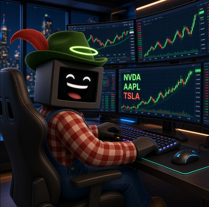 An anthropomorphic old-school computer monitor character wearing a green hat with a feather and overalls trades stocks on multiple screens displaying candlestick charts and the tickers **NVDA, AAPL, and TSLA**, all showing strong upward trends. The image playfully visualizes the post's concept of tokenized stocks and onchain options trading, with the enthusiastic "trader bot" mirroring the bullish sentiment around the **$PRINTER** token at a $1M market cap.