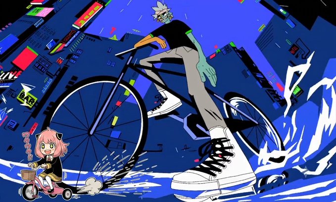 An anime-style illustration featuring a character on a bicycle and a small chibi character on a scooter riding through a neon-lit nighttime cityscape.