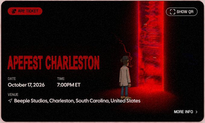 An 'APE TICKET' for 'APEFEST CHARLESTON' scheduled for October 17, 2026 at 7:00PM ET at Beeple Studios in South Carolina, featuring a figure standing before a glowing red portal.