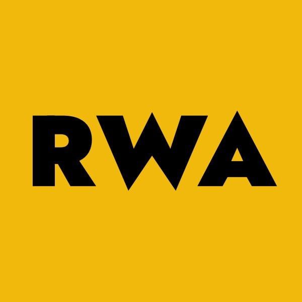 The image features a yellow background with black text that reads "RWA" at the center of the frame. The caption below the image states "With a daily trading volume of 200,000 U, the annual dividend could be over 16 million RMB—why bother selling any coins?". This post seems to be promoting an investment in the company RWA or discussing their stock performance and potential returns.