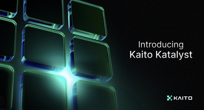 A promotional graphic for "Kaito Katalyst" featuring a glowing grid of teal-lit cubes against a dark background, with the KAITO logo in the bottom right corner, visually introducing the launch of Kaito's new infoFI initiative mentioned in the post.