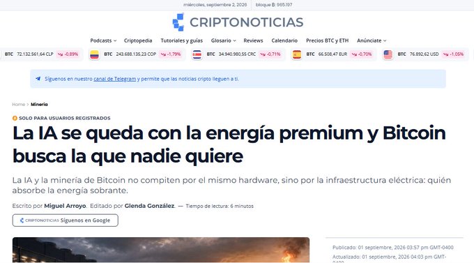 Screenshot of a Spanish-language news article from Criptonoticias headlined "La IA se queda con la energía premium y Bitcoin busca la que nadie quiere," by Miguel Arroyo, with crypto price tickers for BTC, ETH showing minor losses.