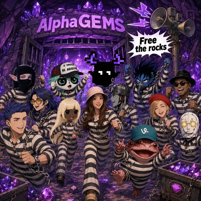An illustration shows multiple characters in black and white striped prison uniforms breaking free in a purple crystal cave, with a sign reading 'AlphaGEMS' and a speech bubble stating 'Free the rocks'.