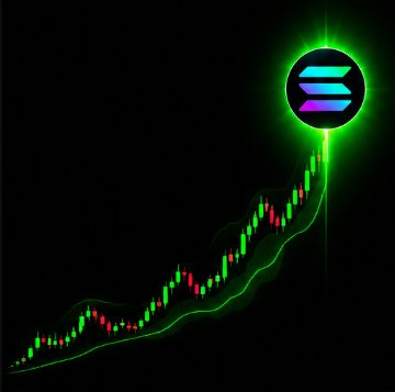 Dark financial chart showing an upward trending candlestick pattern in red and green with a glowing green Solana (SOL) logo hovering above the price action.