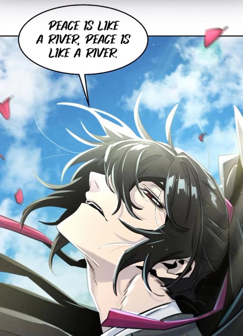 An anime-style illustration shows a dark-haired character looking up at a blue sky with clouds and falling pink petals, with a speech bubble reading, "PEACE IS LIKE A RIVER, PEACE IS LIKE A RIVER."