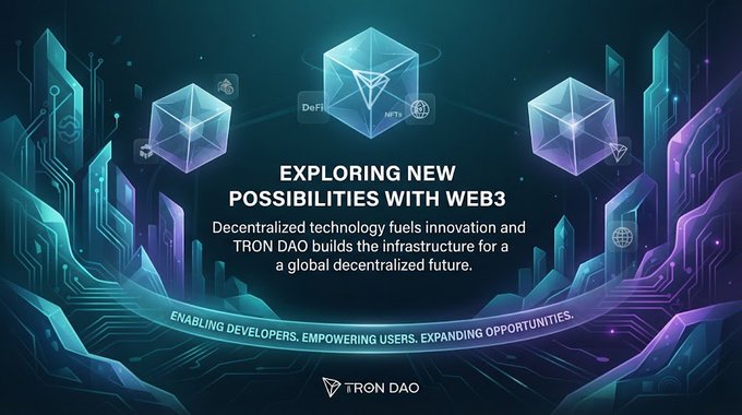 A dark, tech-themed promotional banner with 3D crystal cubes and circuit board patterns, featuring the text 'EXPLORING NEW POSSIBILITIES WITH WEB3' and 'TRON DAO' with information on decentralized technology.