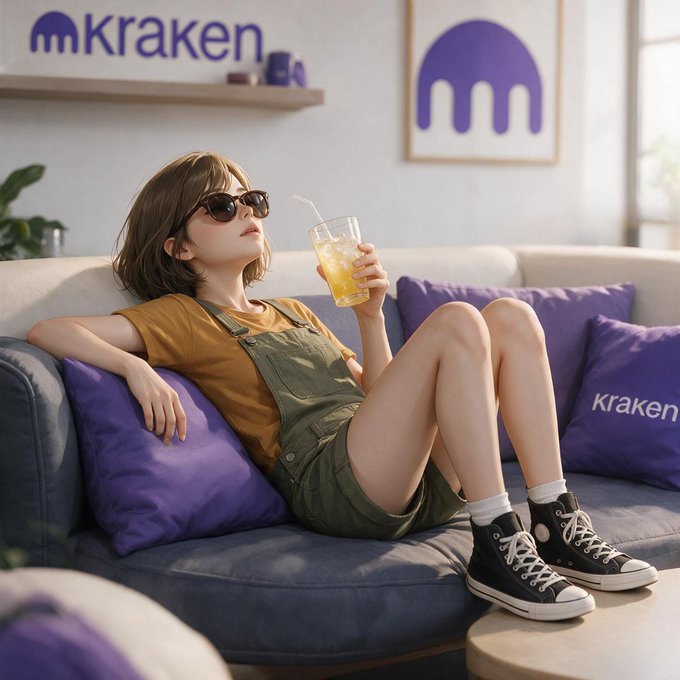 AI-generated image of a woman in sunglasses, a mustard shirt, and green overalls lounging on a couch with Kraken-branded purple pillows, holding a drink, with the Kraken logo visible on the wall behind her.