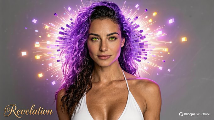 An AI-generated portrait from KlingAI 3.0 Omni titled 'Revelation,' showing a woman with purple hair and green eyes set against a glowing purple and yellow particle background.