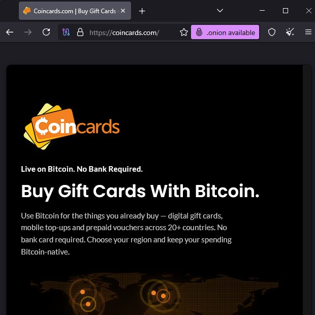 A screenshot of the Coincards.com website displaying the tagline 'Live on Bitcoin. No Bank Required. Buy Gift Cards With Bitcoin.' with a Coincards logo.