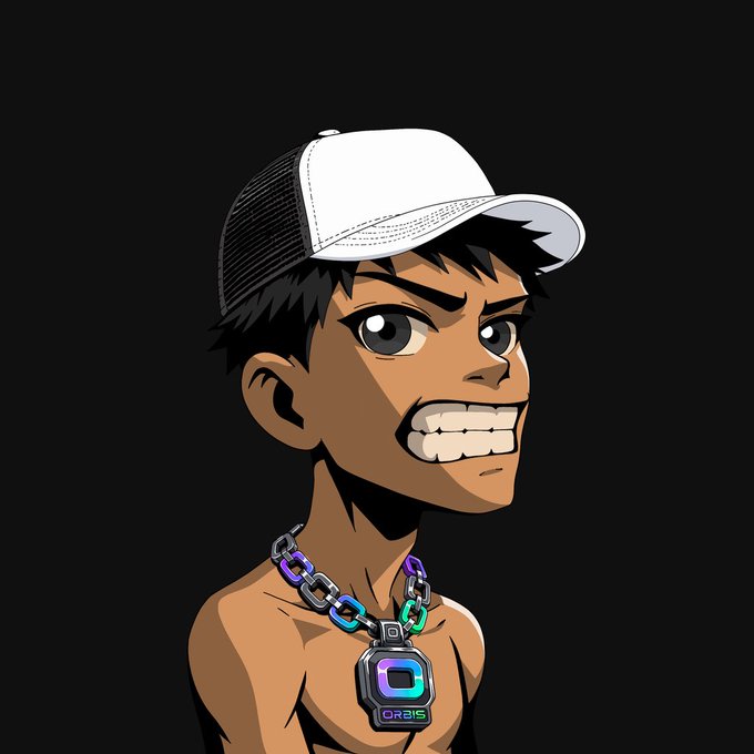An illustrated portrait of a young man wearing a white and black trucker hat and a colorful chain necklace with a pendant labeled 'ORBIS' against a black background.