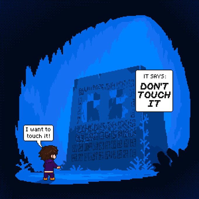 The image features a cartoon character standing next to an enormous blue block of stone or rock with the caption "It says: Don't touch it". The character appears to be pointing at the block, possibly indicating that someone has touched it. There is also text in the image that reads "@bunya_eth" and "@bunya_eth 40", which could potentially be a reference to the creator of the image or an account associated with the post.
