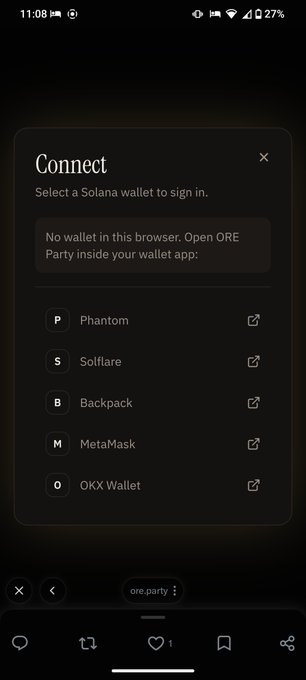 A mobile browser screenshot showing a wallet connection modal for the site 'ore.party', listing Solana wallet options including Phantom, Solflare, Backpack, MetaMask, and OKX Wallet, with a note stating 'No wallet in this browser'.