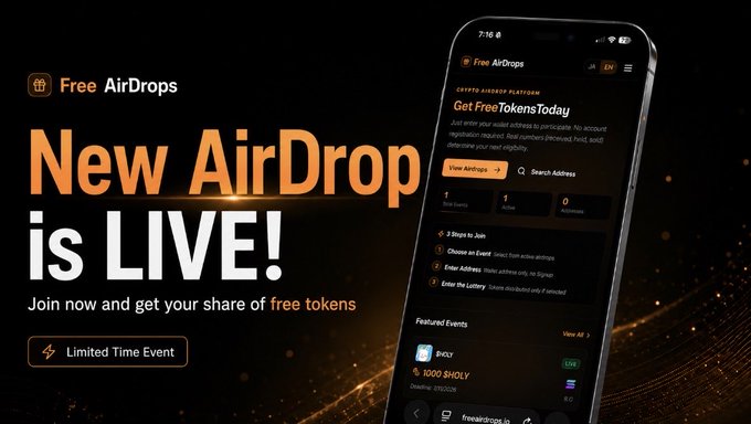 The image promotes a "New AirDrop" event at Free AirDrops, featuring a smartphone mockup displaying the platform's interface with the tagline "Get FreeTokensToday" and instructions like "3 Steps to Join," "Choose an Event," and "Enter Address." It supports the post by showcasing the airdrop distribution interface where users can enter their Solana addresses to claim free tokens, with featured events including BVLY ($BVLY) and 1000 $HOLY.