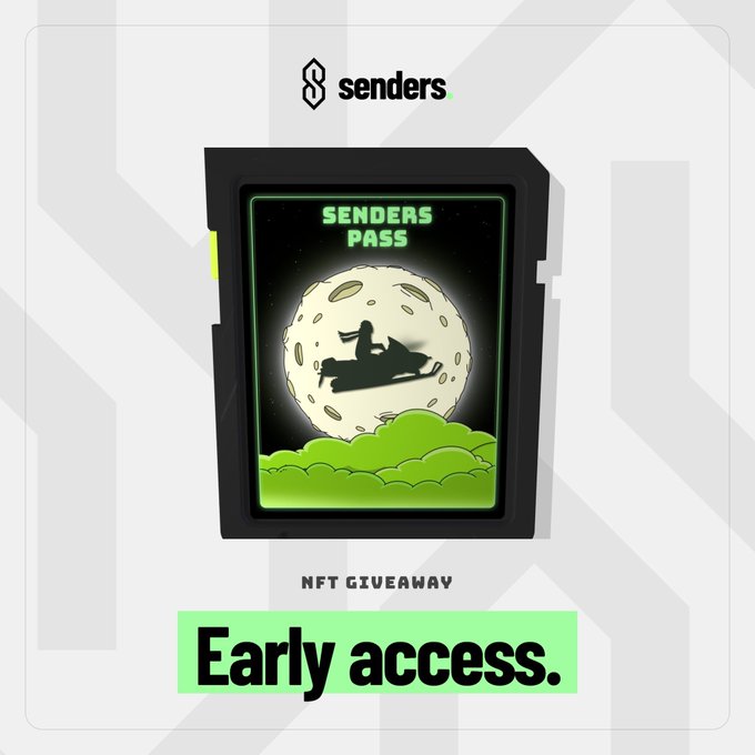 A promotional graphic for an 'NFT GIVEAWAY' featuring a digital card titled 'SENDERS PASS' with an illustration of a person riding a creature across a moon, and the text 'Early access.'