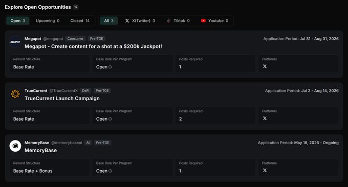 A dashboard titled 'Explore Open Opportunities' listing campaigns from Megapot, TrueCurrentX, and MemoryBase with details on reward structure, application periods, and platforms.